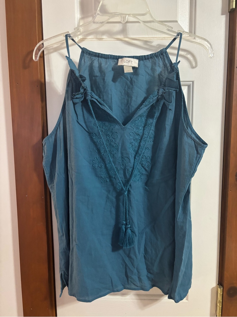 LOFT Teal Blue Embroidered Tie-Front Spaghetti Strap Camisole